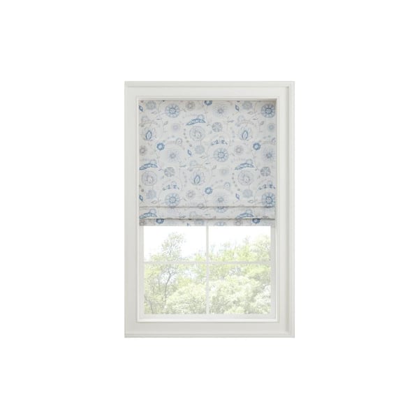 Waverly Annisa Blue Floral Cordless 100% Blackout Polyester Roman Shade - 39 in. W x 64 in. L