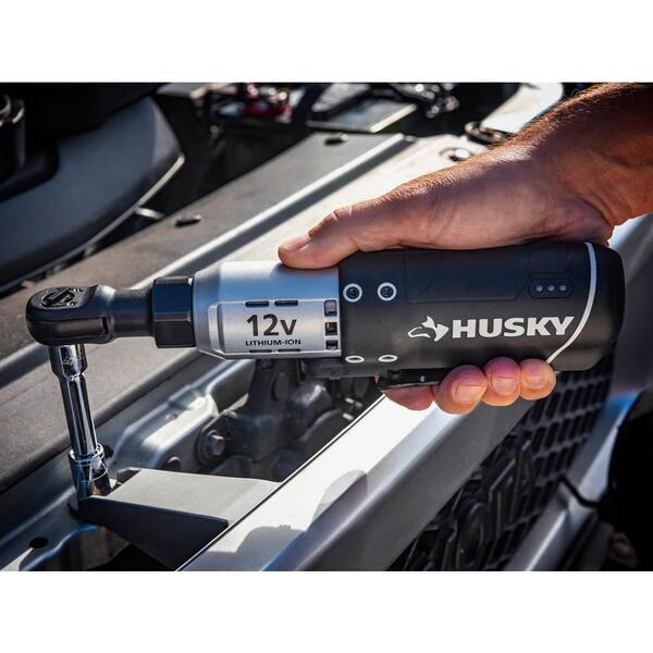 Husky - 12-Volt Lithium-Ion 3/8 in. Drive Cordless Ratchet W/ 34 Piece Socket Set, Battery, Charger, and Carrying Case