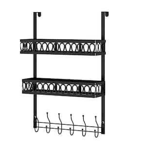Hanging Mounted Bathroom Shower Caddy Over the Shower Door Storage Rack with 2 Shelves and 6 Towel Hooks in Black