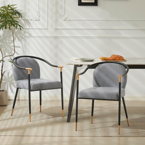 CHRISTOPHER KNIGHT HOME Olors Modern Fabric Upholstered Dining Chair with King Louis Back, Gold Colored Accents, Metal, Grey+Black, Set of 2
