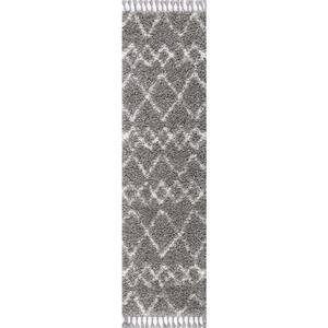 Mercer Shag Plush Tassel Moroccan Tribal Geometric Trellis Grey/Cream 2 ft. x 8 ft. Runner Rug