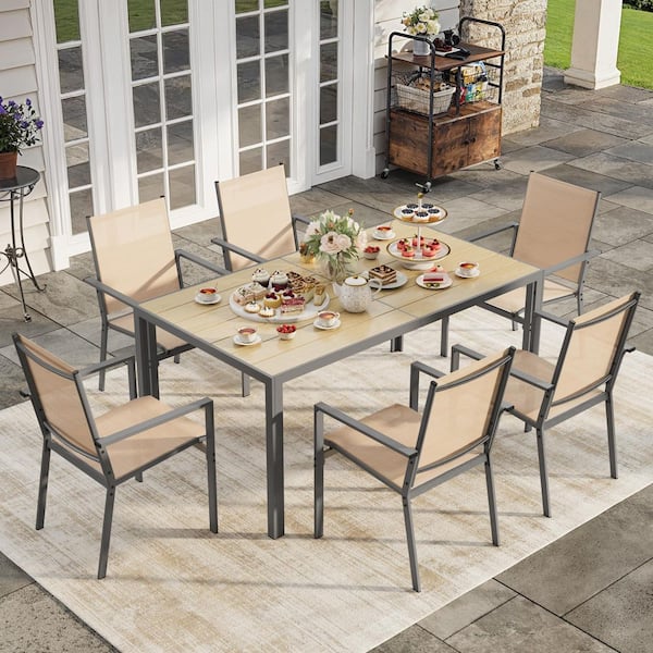 7-Piece Patio Dining Set Resistant Steel Frame with Stackable Textilene Chairs, Brown