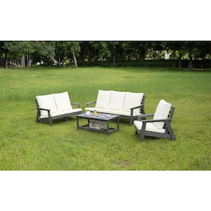 4-Piece Gray HDPE Conversation Patio Set Outdoor Sofa with Beige Cushions and Coffee Table