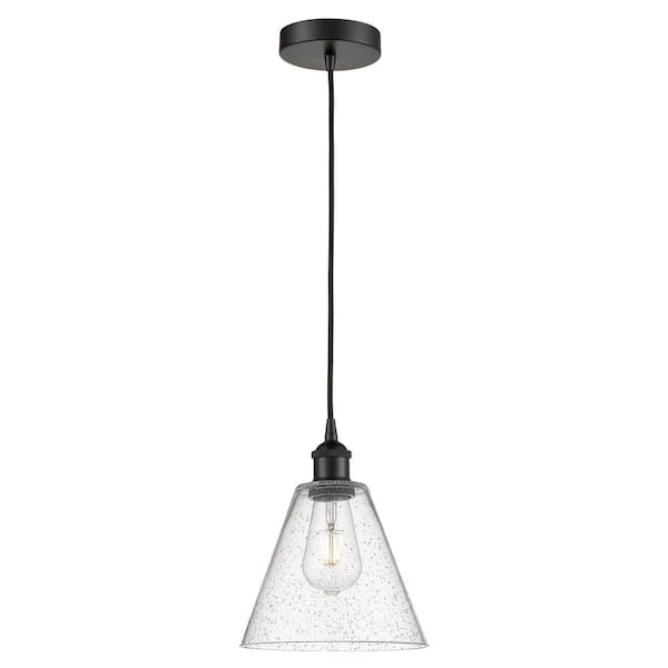 Edison Glass Cone 60-Watt 1-Light Matte Black Standard Mini Pendant Light with Seeded Glass Shade, No Bulbs Included