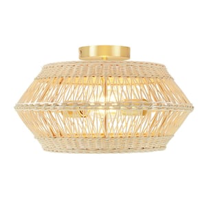 Rhea 16 in. 2 - Light Geometric Brass Semi-Flush Mount Ceiling Light with Handwoven Natural Rattan Shade- Durable Chic