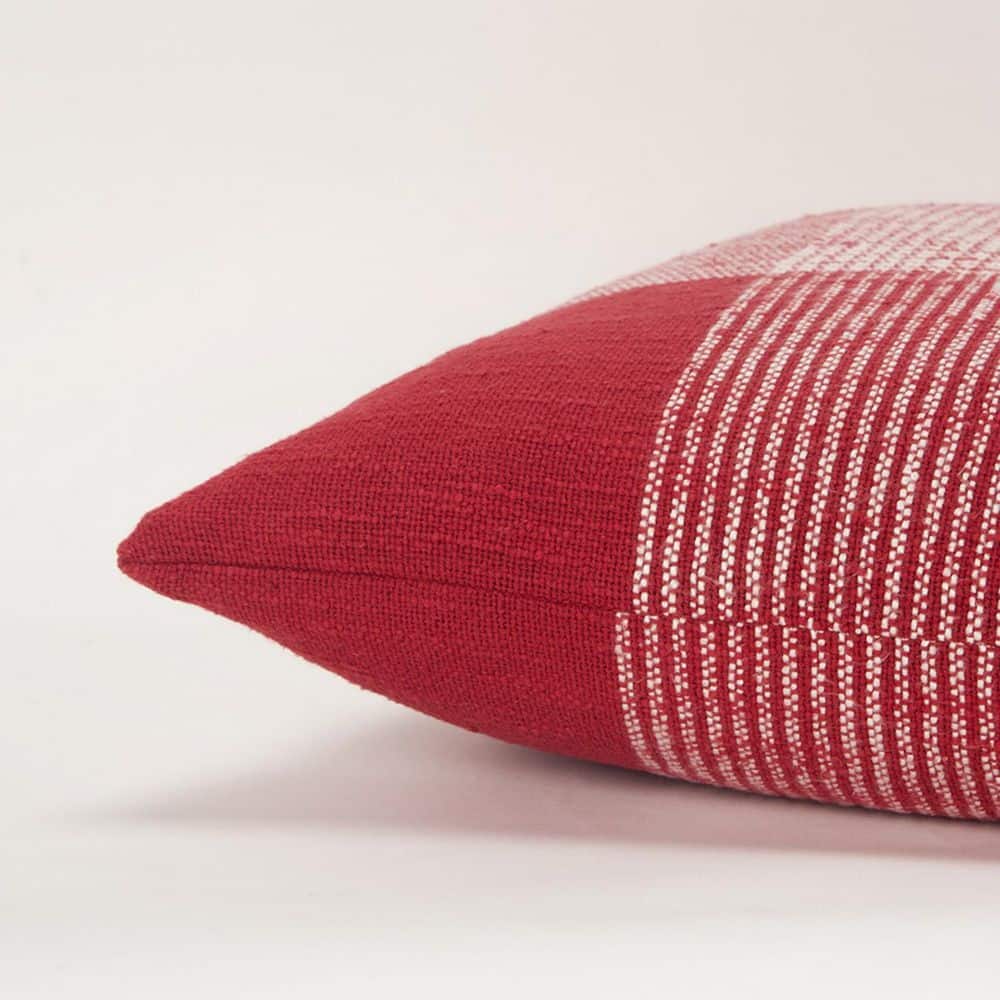 20" Red and White Woven Plaid Square Throw Pillow