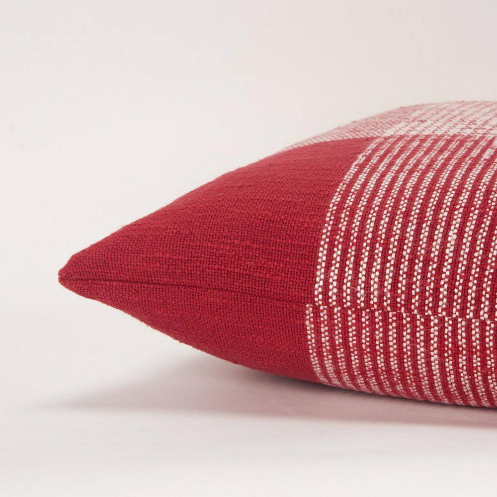 20" Red and White Woven Plaid Square Throw Pillow