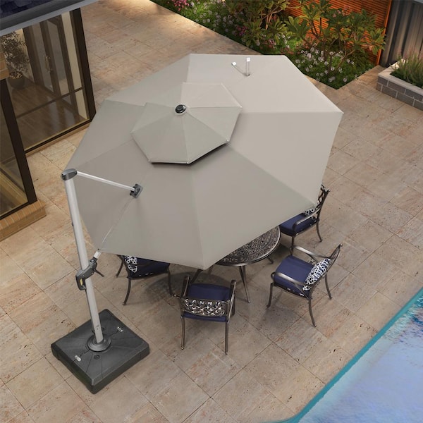 11 ft. Sunbrella Aluminum Octagon 360° Rotation Silvery Cantilever Outdoor Patio Umbrella With Base, Gray