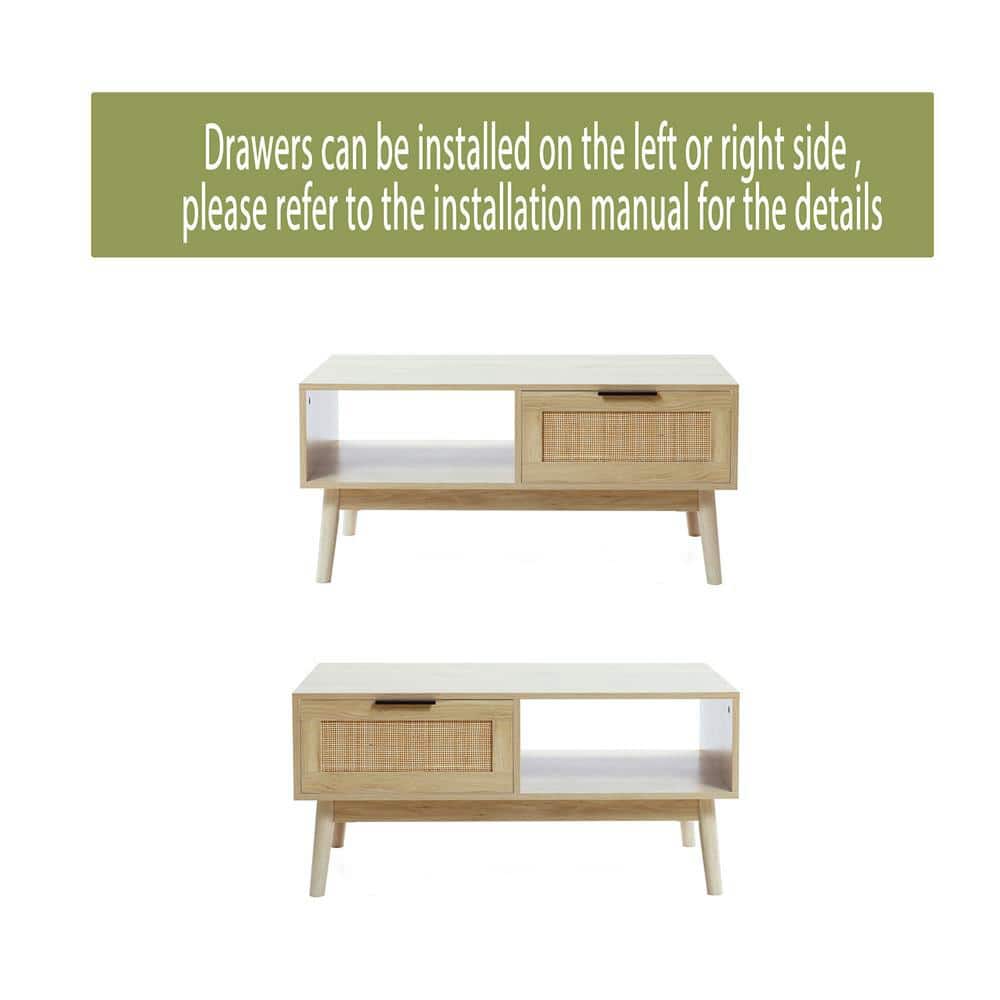 White Oak Finish Rectangular Wood Coffee Table with Storage