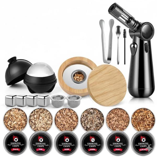 Brown Metal Whiskey Smoker Kit with 8 Natural Wood Chips, Torch, Reusable Ice Cubes for Cocktails (No Butane)