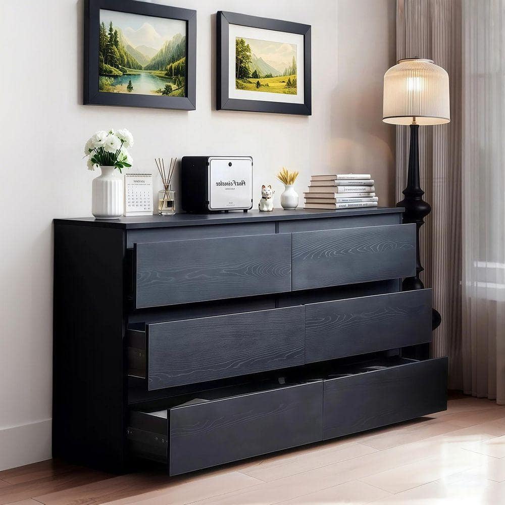 Otryad 6-Drawer Black Wood Dresser Storage Cabinet with Concealed
