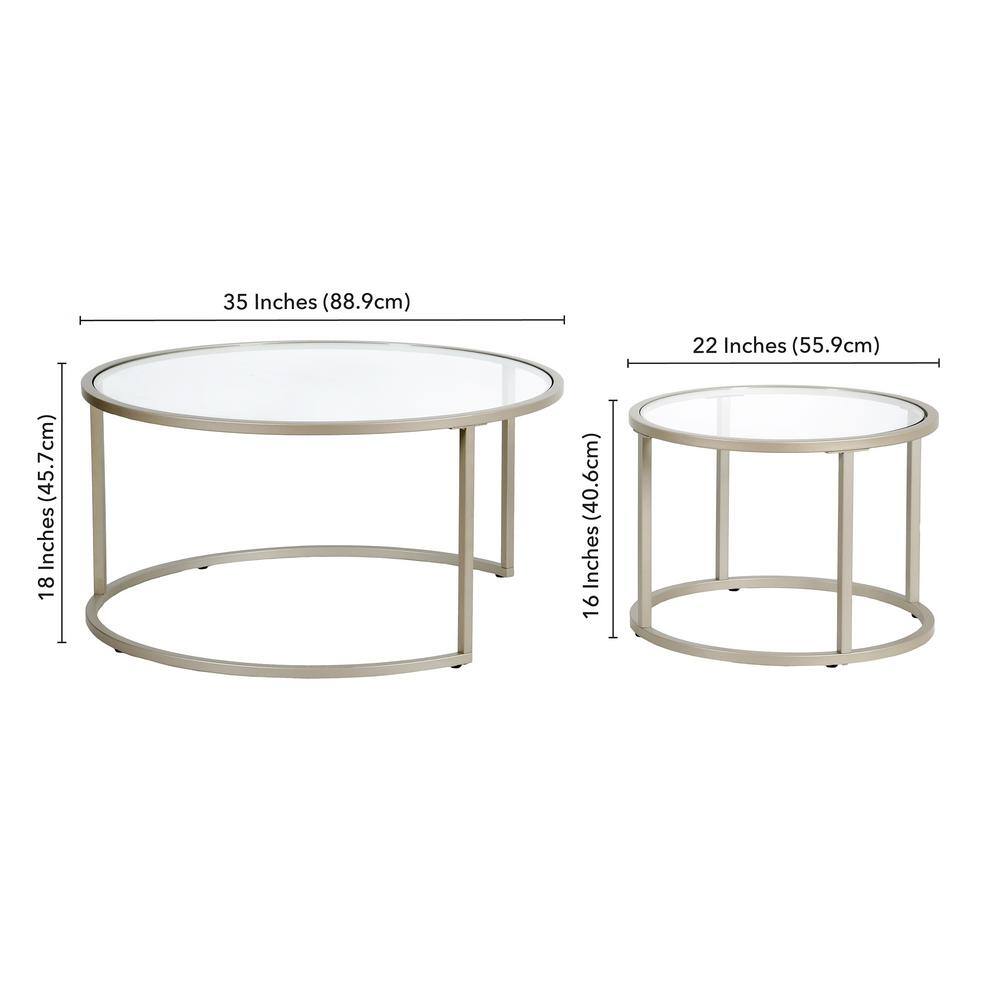 Satin Nickel Round Nested Glass Coffee Table Set, 35"