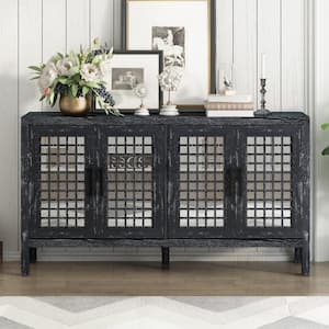 58 in. Black Rectangle Wood Console Table with Mirrored Doors and Grain Pattern