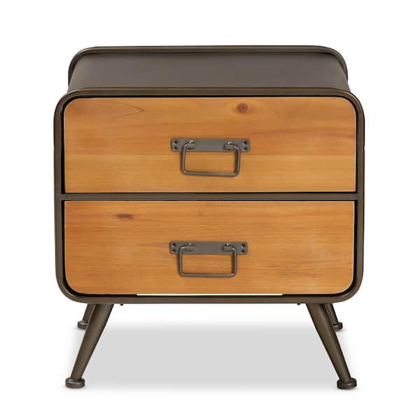Baxton Studio Kaiya 2-Drawer Oak Brown and Black Nightstand 19.7 in. H x 18.9 in. W x 18.9 in. D