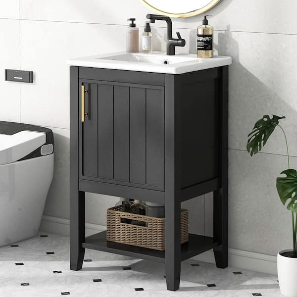 FAMYYT 20 in. W Single Sink Freestanding Bath Vanity in Black with White Ceramic Top, Open Shelf
