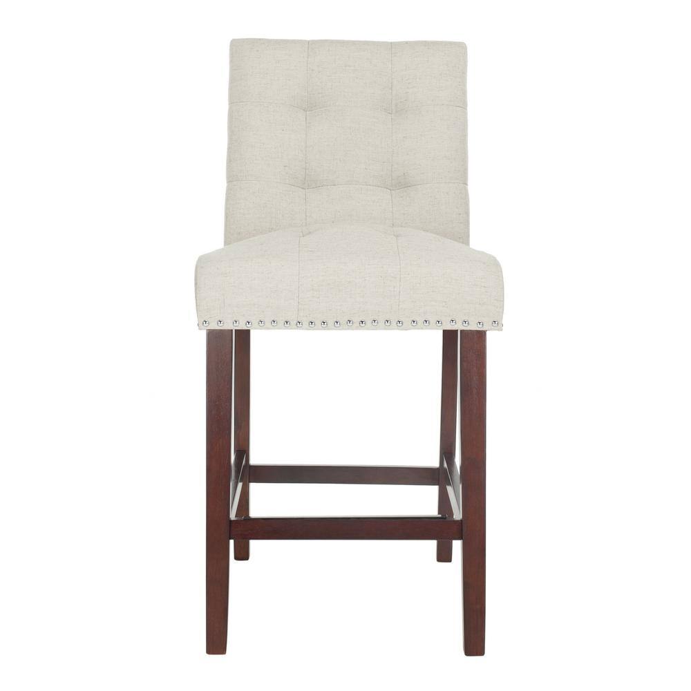 Light Grey Tufted Linen Counter Stools with Chrome Nail Head Trim