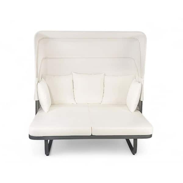 Unbranded Wicker Outdoor Day Bed with Beige Cushions, Rattan Daybed with Retractable Canopy for Patio Backyard Porch Pool