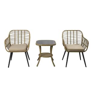 Patio Furniture Sets, 3-Piece Wicker Outdoor Bistro Sets with Khaki Cushions and Tempered Glass Top Table