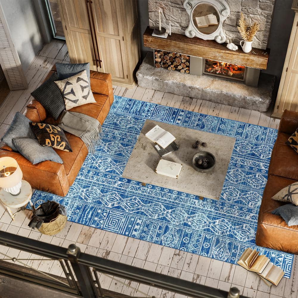 Blue and Gray Synthetic 8' x 10' Moroccan Pattern Area Rug