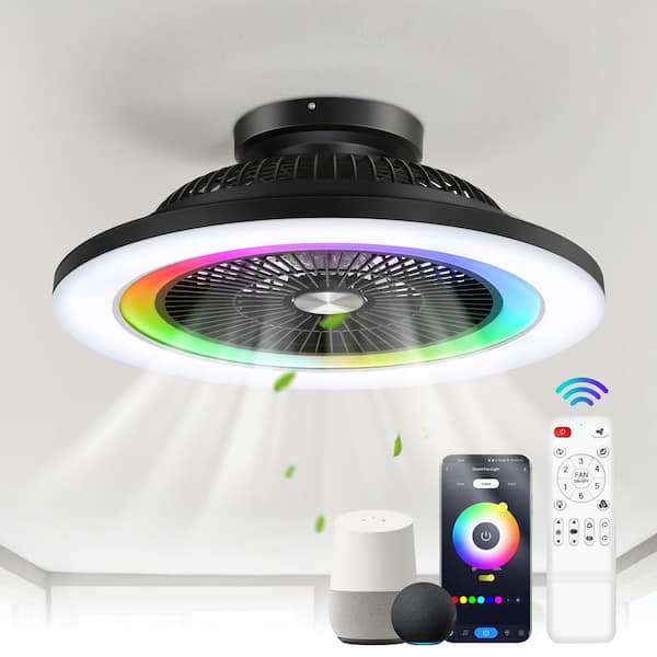 Breezary Baylee 23 in. Dimmable LED Indoor Black Smart Flush Mount Ceiling Fan with RGB Light, Acrylic Shade and Remote Included