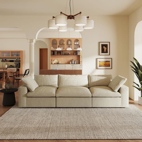 3-Piece Cloud Couch Set Down Filled Khaki Linen Sofa and Loveseat Living Room Set with Detachable Covers for Apartment