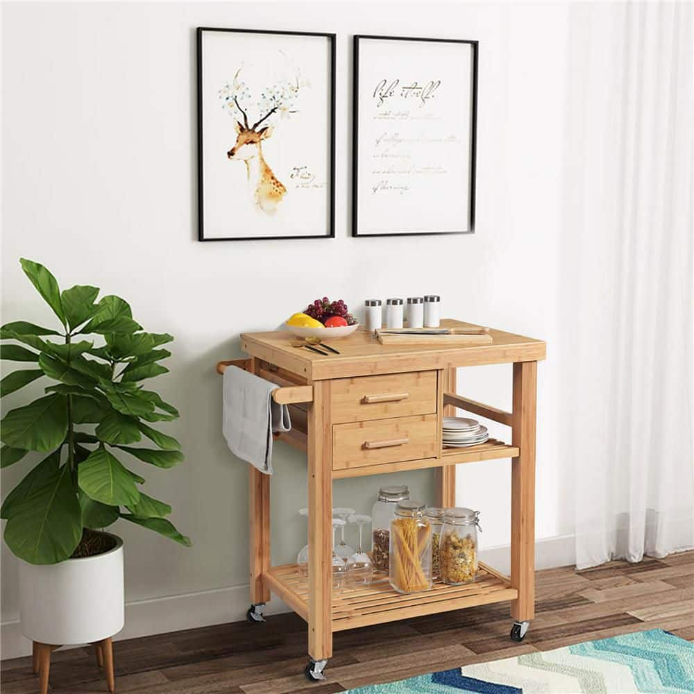 Costway Bamboo Kitchen Trolley Cart Wood Rolling Island w/ Tower Rack & Drawers - Natural (Pre Assembled.)