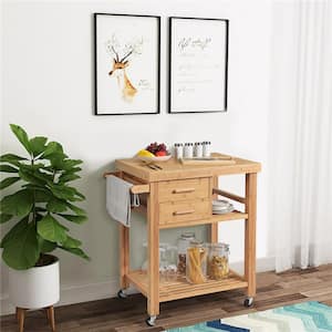 Bamboo Kitchen Beige Trolley Cart Wood Rolling Island with Tower Rack and Drawers