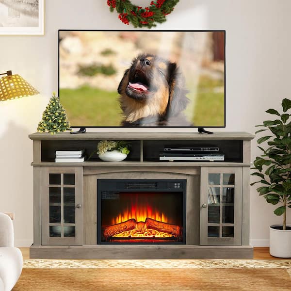 58 in. Freestanding Electric Fireplace TV Stant Entertainment Console with 23" Fireplace Insert for TV Up to 65 in. Gray