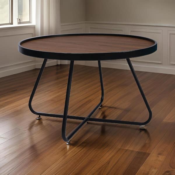 Benjara Lei 28 in. Brown and Black Round Wood Coffee Table with Crossed Base