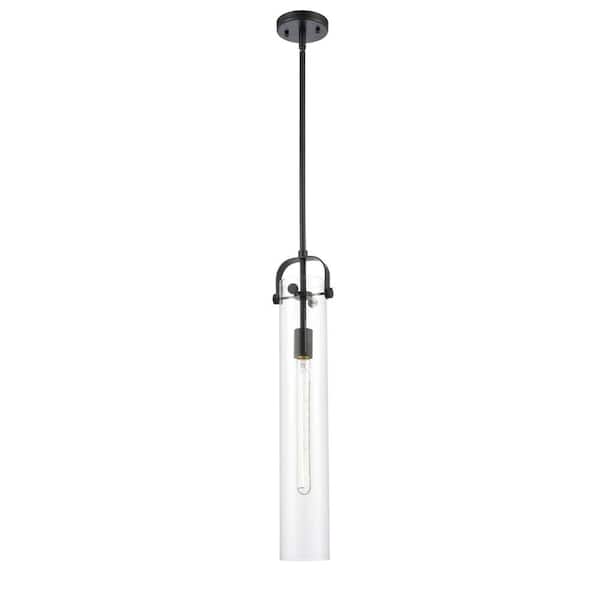 Innovations Pilaster 1 Light Matte Black Drum Pendant Light with Clear Glass Shade