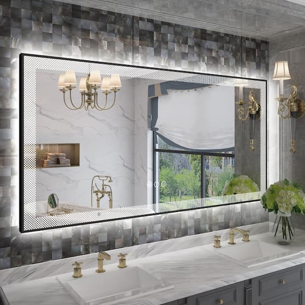 Apmir 60 in. W x 30 in. H Rectangular Framed Checkerboard LED Lighted Anti-Fog Tempered Glass Wall Bathroom Vanity Mirror