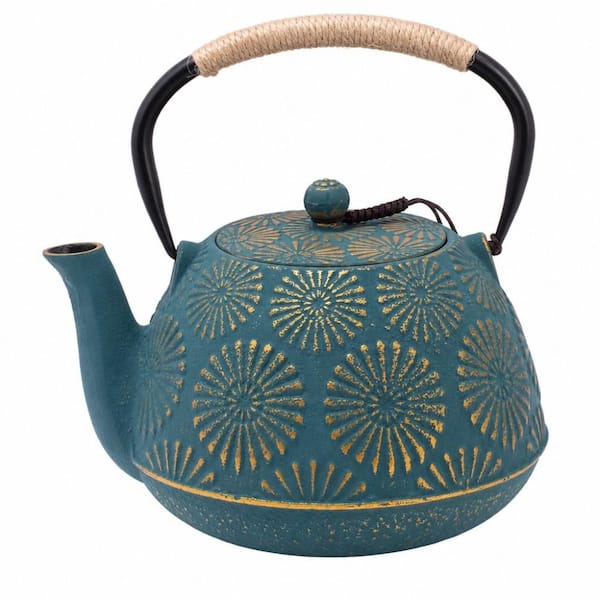 4-Cup Blue Cast Iron Tea Pot with Enameled Interior, 40 oz. Tea Kettle with Infuser for Stove Top