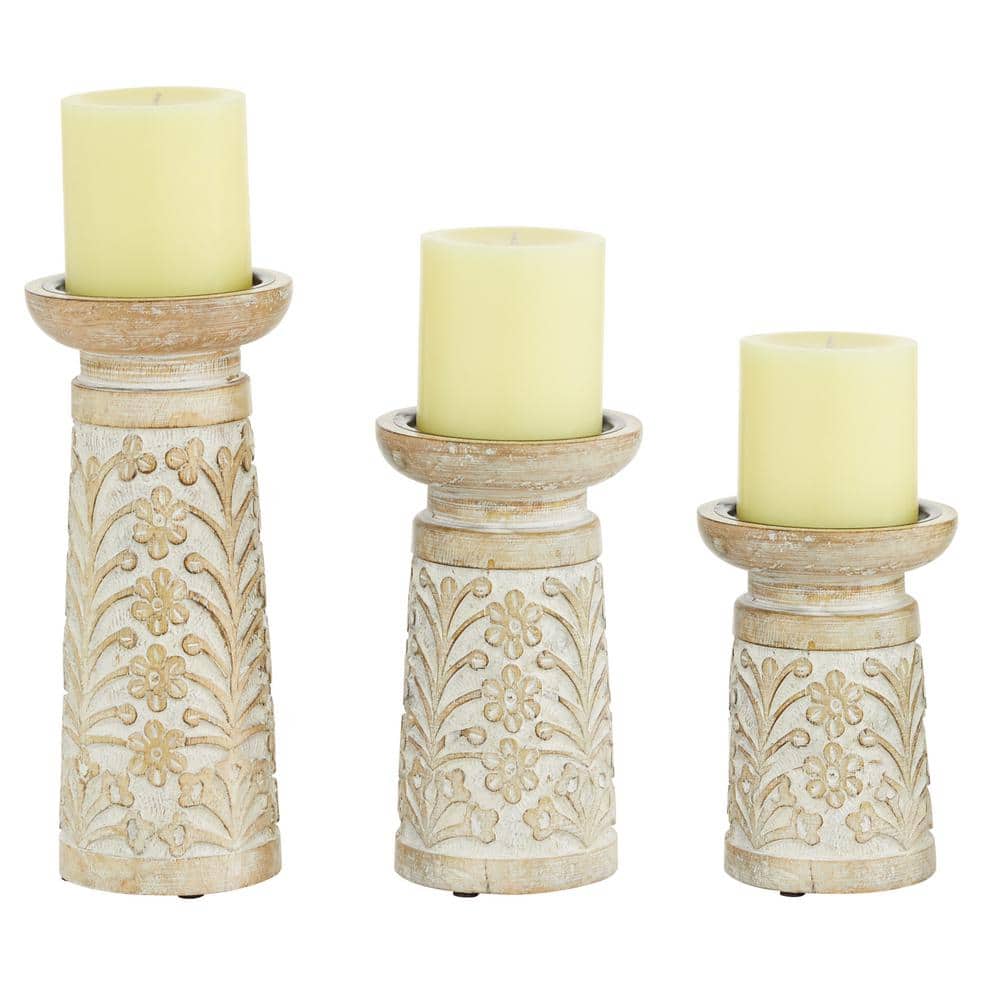 Litton Lane Light Brown Mango Wood Handmade Floral Carved Pillar Candle