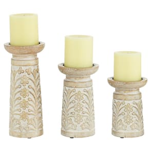 Light Brown Mango Wood Handmade Floral Carved Pillar Candle Holder (Set of 3)