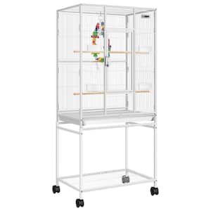 54 in. Wrought Iron Large Bird Flight Cage with Rolling Stand in White