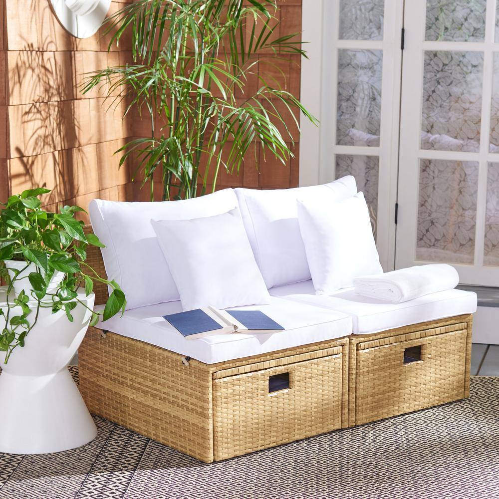 Pramla 3-Person Natural Brown Eucalyptus Outdoor Settee with White Cushions
