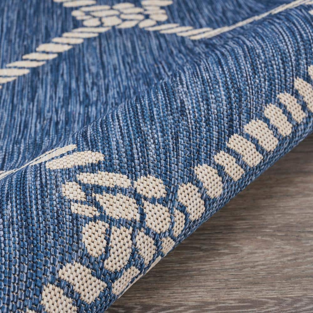 Coastal Charm Blue & White Geometric Flatweave Indoor-Outdoor Rug