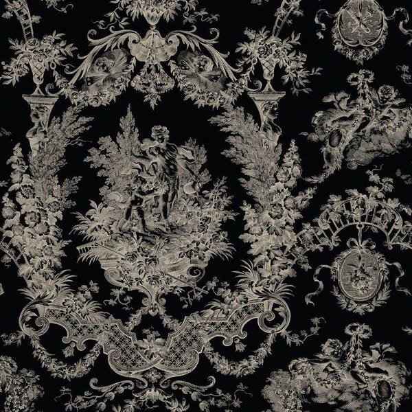 The Wallpaper Company 56 sq. ft. Black Cherub Damask Wallpaper