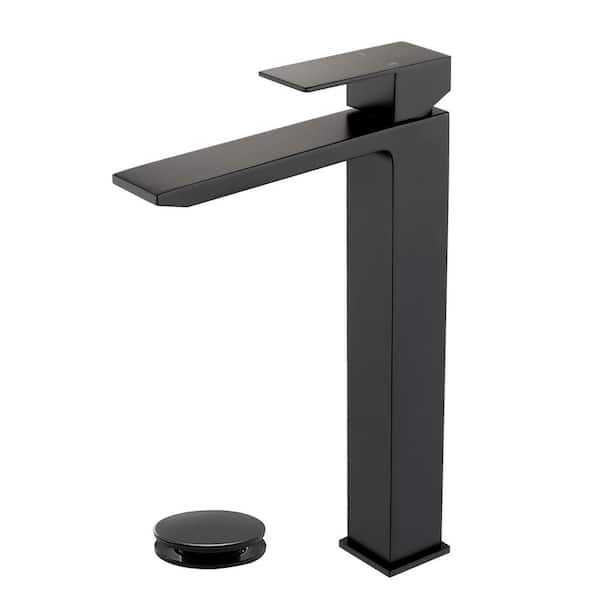 AIMADI Single Handle Waterfall Bathroom Vessel Sink Faucet with Pop-Up Drain Kit Single Hole Tall Vanity Taps in Matte Black