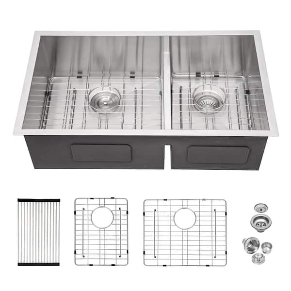 30 in. Undermount Double Bowl 16-Gauge Brushed Nickel Stainless Steel Kitchen Sink with Bottom Grids