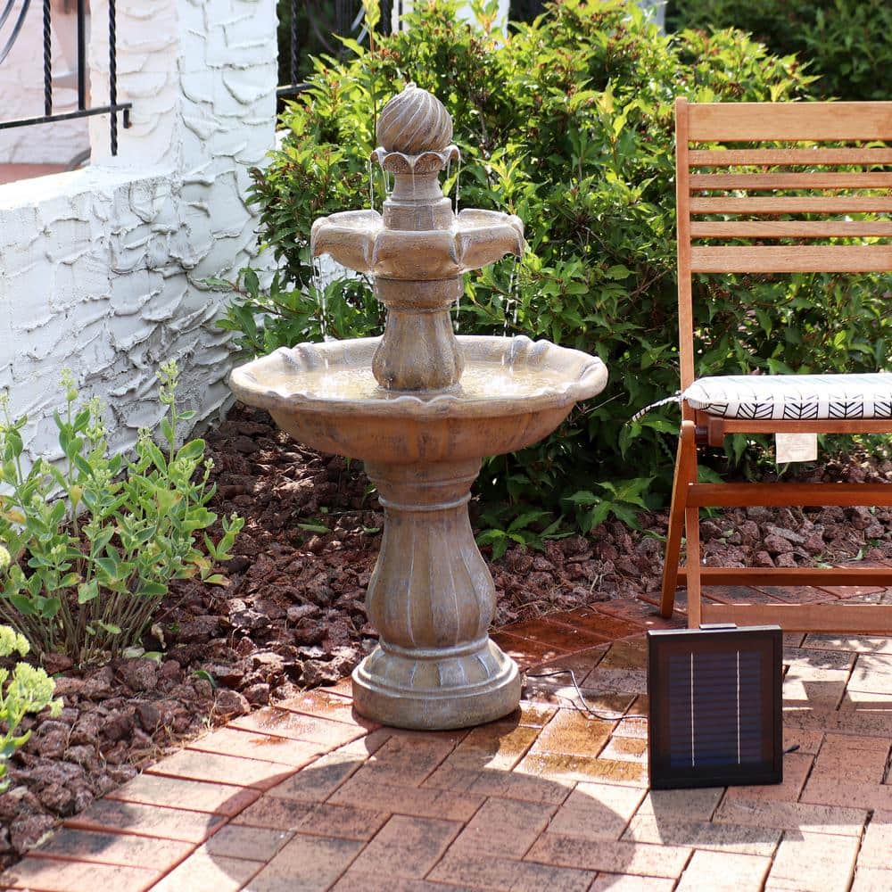 Earth Finish Solar Powered 2-Tier Resin Garden Fountain