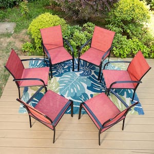 Black Ergonomic Red Textilene Metal Outdoor Dining Chair with Wave Arms (6-Pack)