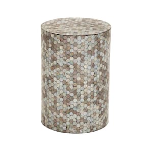 14 in. Multi Colored Handmade Mosaic Geometric Large Cylinder Wood End Table