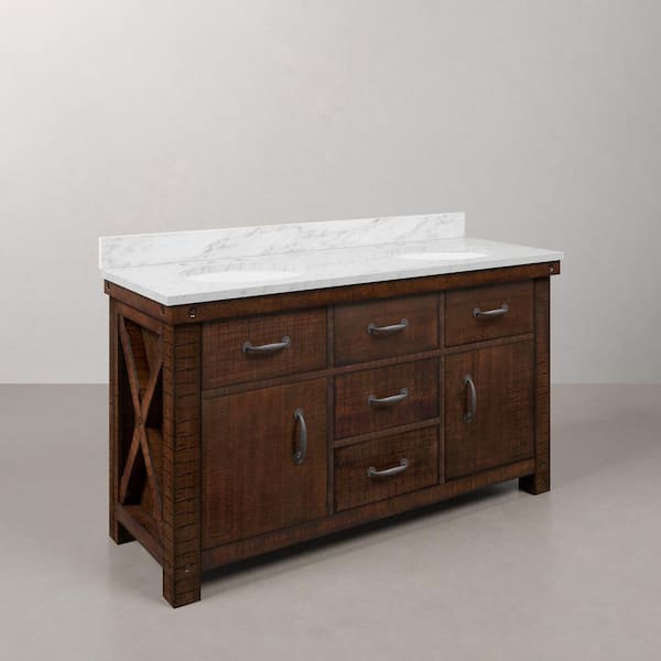 Aberdeen 60 in. W x 22 in. D Vanity in Rustic Sienna with Marble Vanity Top in White with White Basin and Mirror