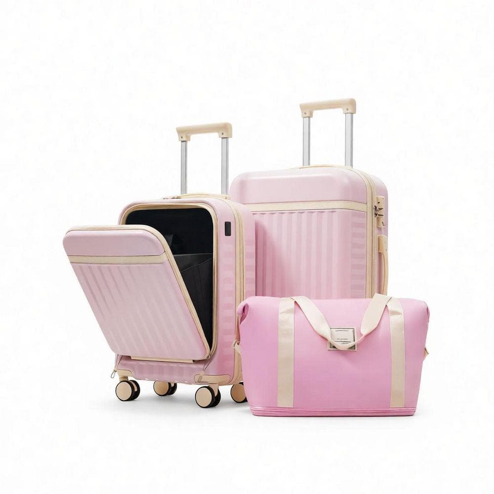 3-Piece Pink Front Opening ABS Plastic Hardside Expandable Carry On Luggage Set with USB Port, TSA Lock, Spinner Wheels