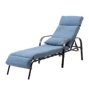 Brown 1-Piece Metal Outdoor Chaise Lounge with Dark Blue Cushions