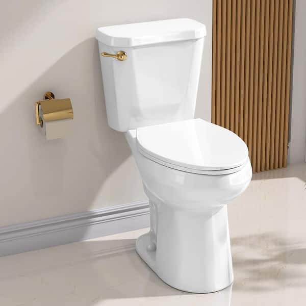 Ace 12 in. Rough in 2-Piece 19 in. Tall Toilet 1.28 GPF Single Flush Elongated Toilet in White Gold Handle Seat Included