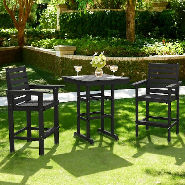 LUE BONA 3-Piece Bistro Set Plastic Table and Indoor/Outdoor Bistro Chairs Patio Seating in Black