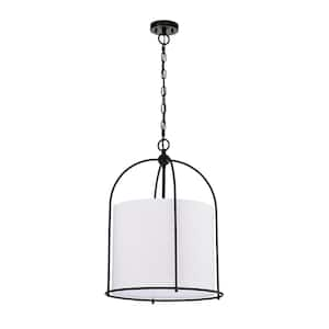 Modern 18 in. 3-Light Drum Chandelier with Fabrics Shade, Matte Black Cage Shaded Pendant Light Hanging Lamp Fixture