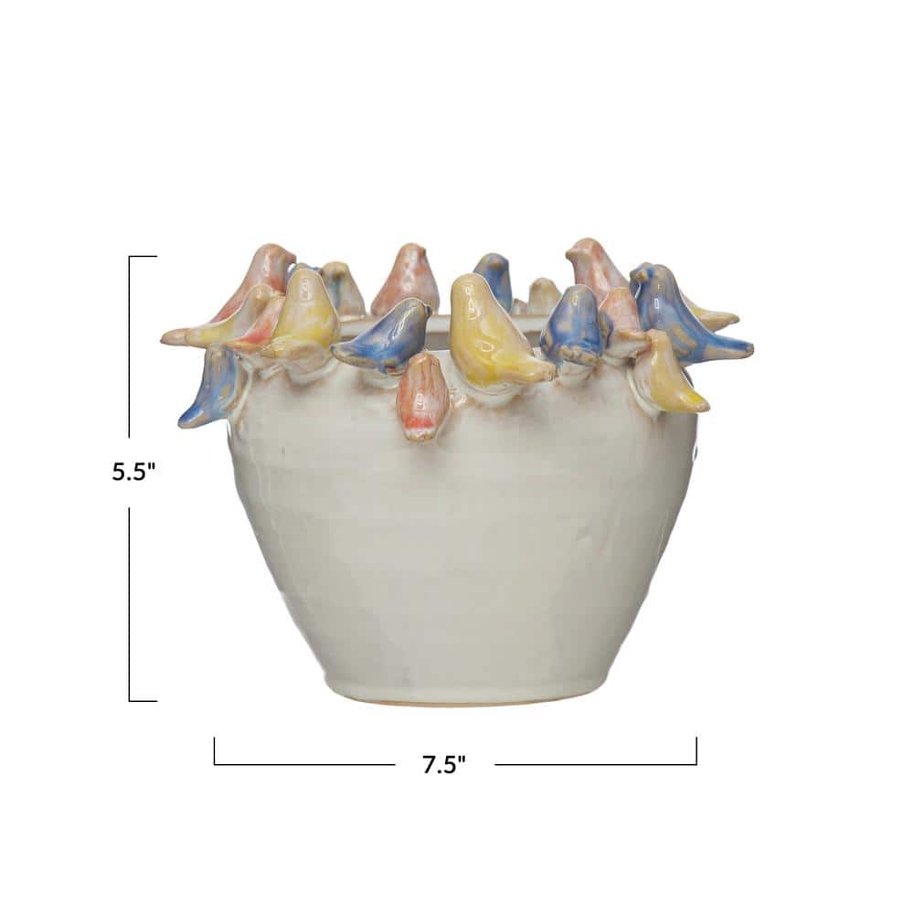 Multicolor Stoneware Planter with Birds on Rim